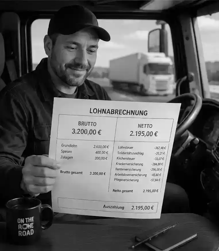 Holerite de motorista de caminhão na Alemanha detalhando salário bruto, líquido e diárias